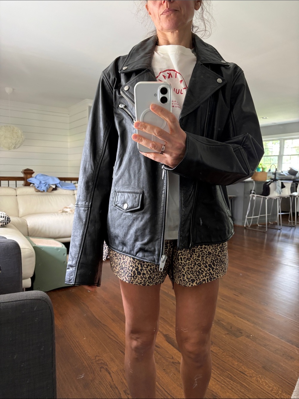 ZARA Black Leather Bomber-Style Biker Jacket - Picture 5 of 5
